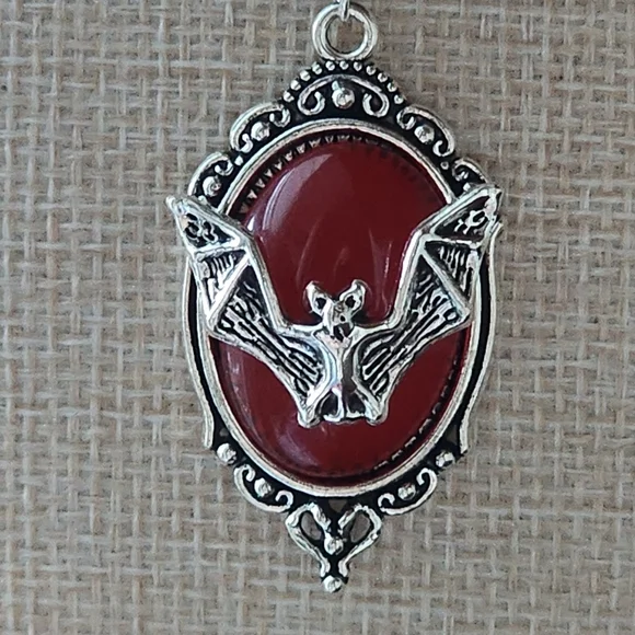 Silver Bat Framed In Red Pendant Necklace - Picture 4 of 7